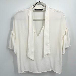 Zara Woman Short Sleeve V-Neck Blouse  With Ties Size S White
